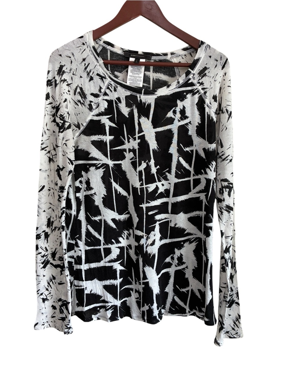BCBGMazAzria Women's Black & White Abstract Print Long Sleeve Top Size Large